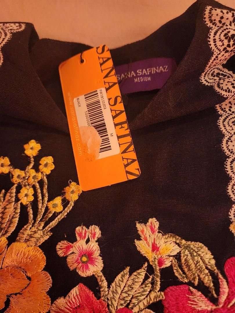 Sana Safinaz Black Embroidered Kurta with Lace Trim - Medium