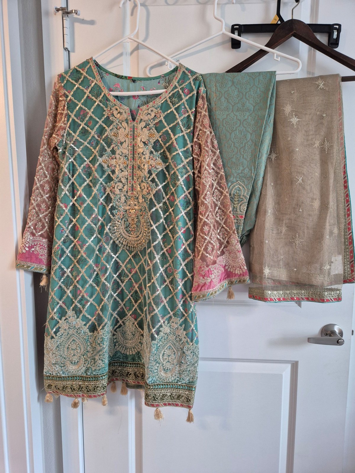 Elegant Teal & Gold Embroidered Pakistani Suit with Pink Accents